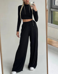 Conjunto Maximus Feminino com Cropped de Mangas Longas e Calça Reta