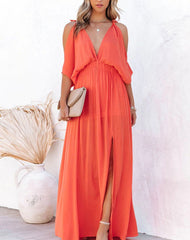 Vestido Mykonos Longo – Alcinhas Finas e Fenda Elegante
