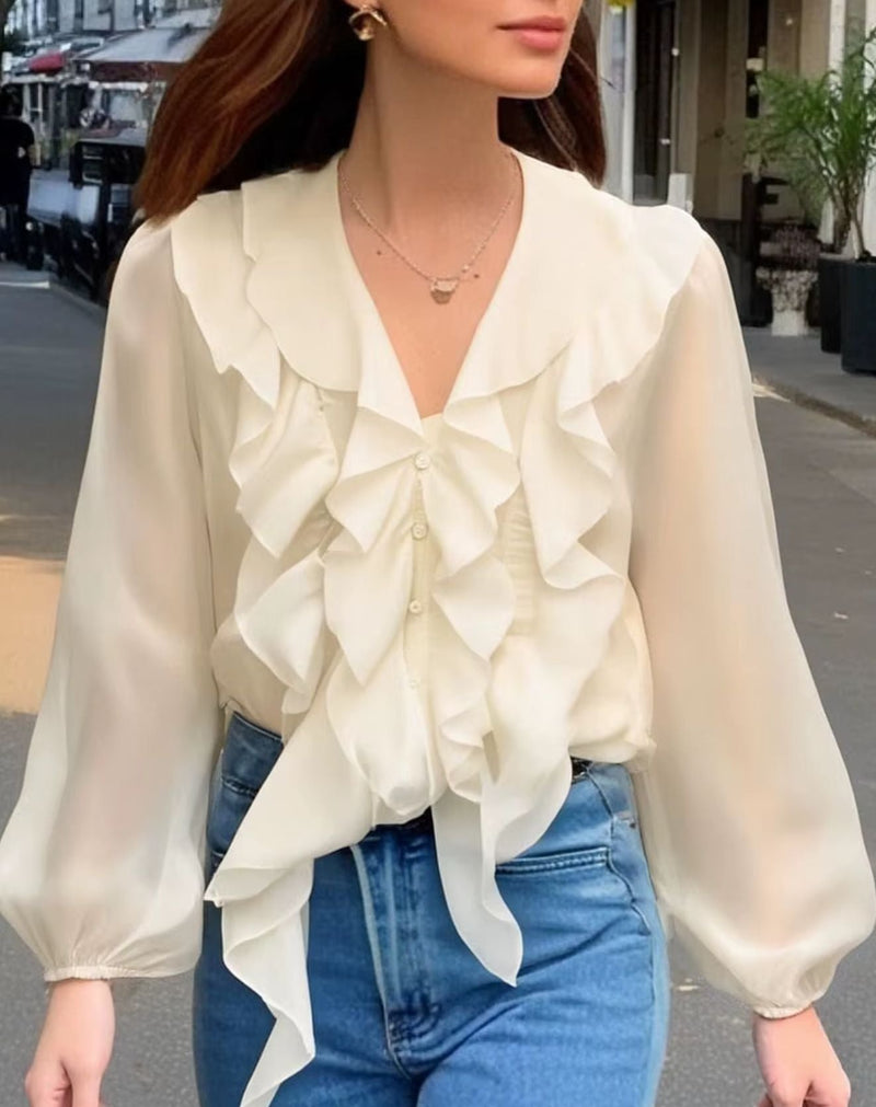 Blusa Thami de Mangas Longas e Babados Frontais